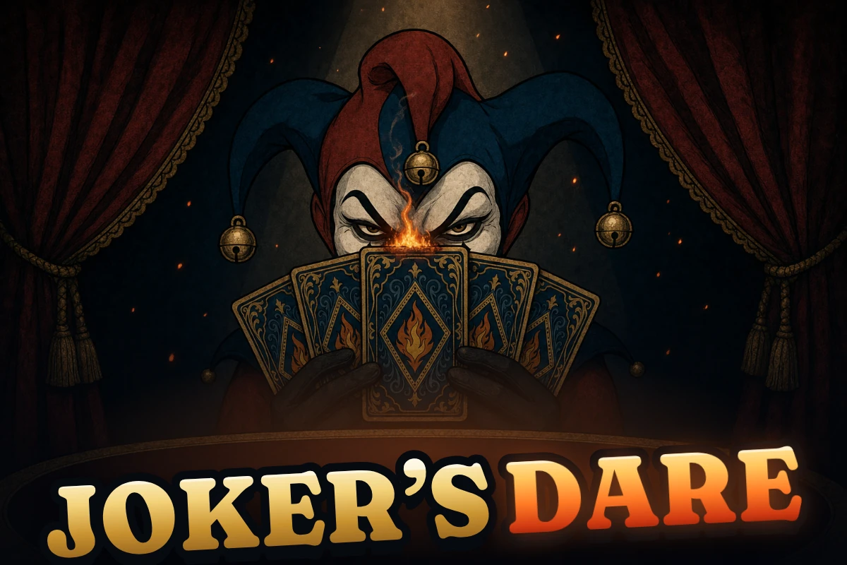 Joker's Dare key art: a jester peers over a fan of cards in a dark cabaret, the middle card catching fire.